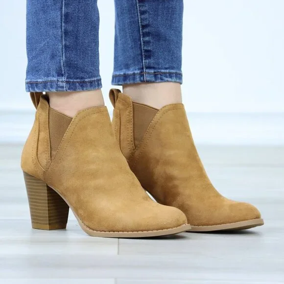 Block High Heeled Ankle Boots Brown Synthetic Suede Chelsea Cone - Picture 2 of 15